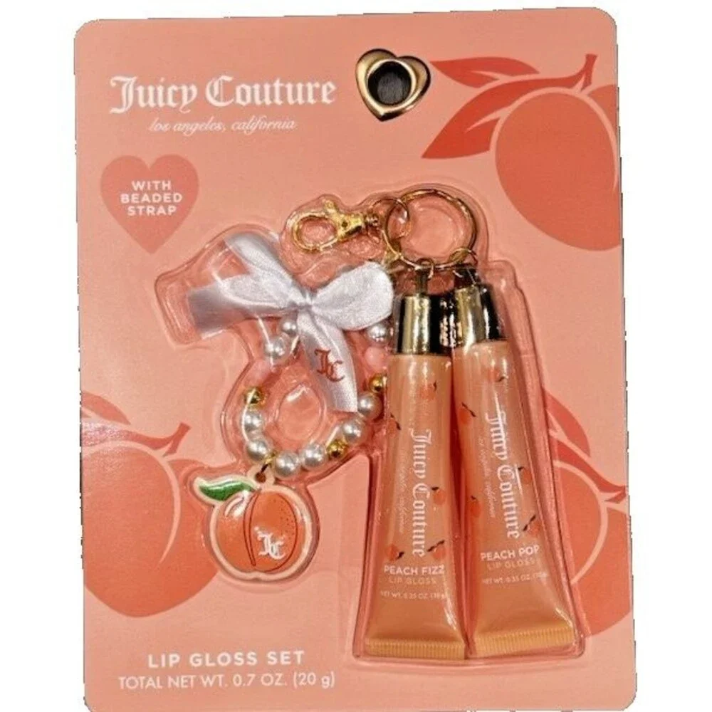 Juicy Couture Peach Liquid Lip Gloss Set Shine Effect w/ Beaded Strap Charm